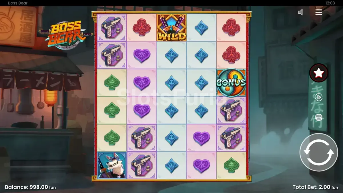 Juego base de Boss Bear con la grilla de 5 rodillos y 6 filas