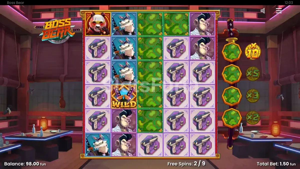 Giros gratis de Boss Bear con símbolos Reveal y monedas en pantalla