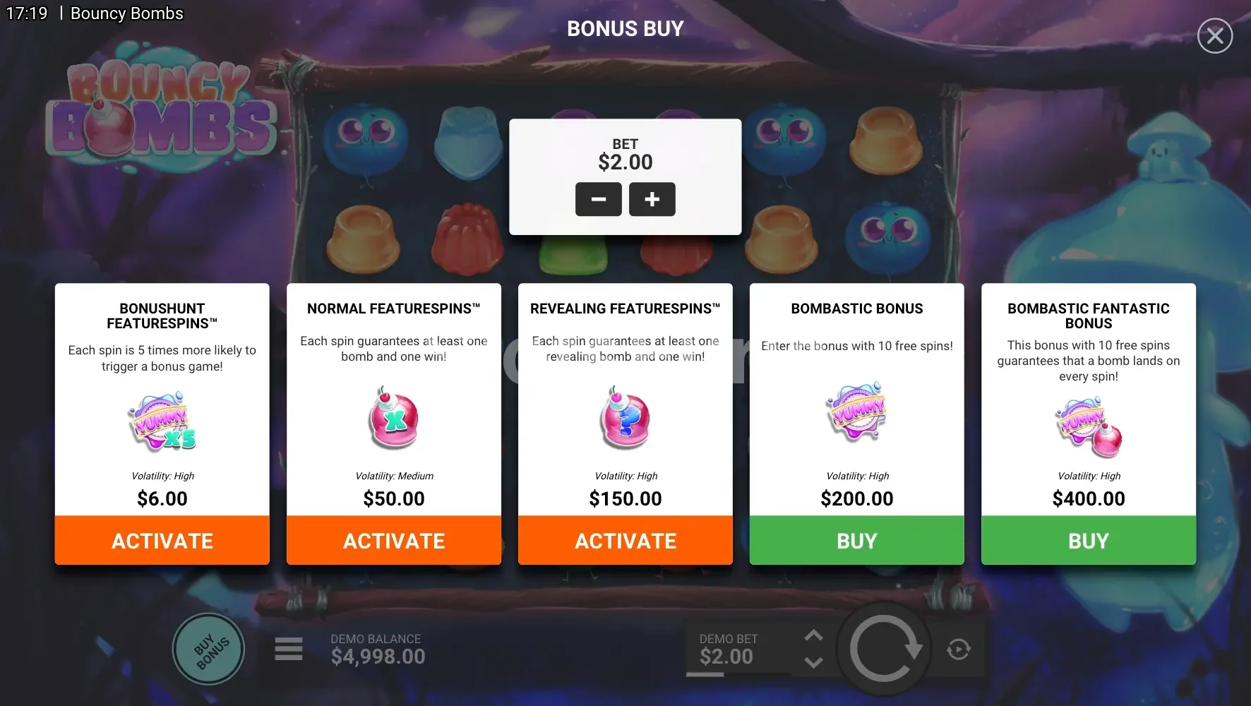 Menú de compra de bono en Bouncy Bombs con las cinco opciones disponibles