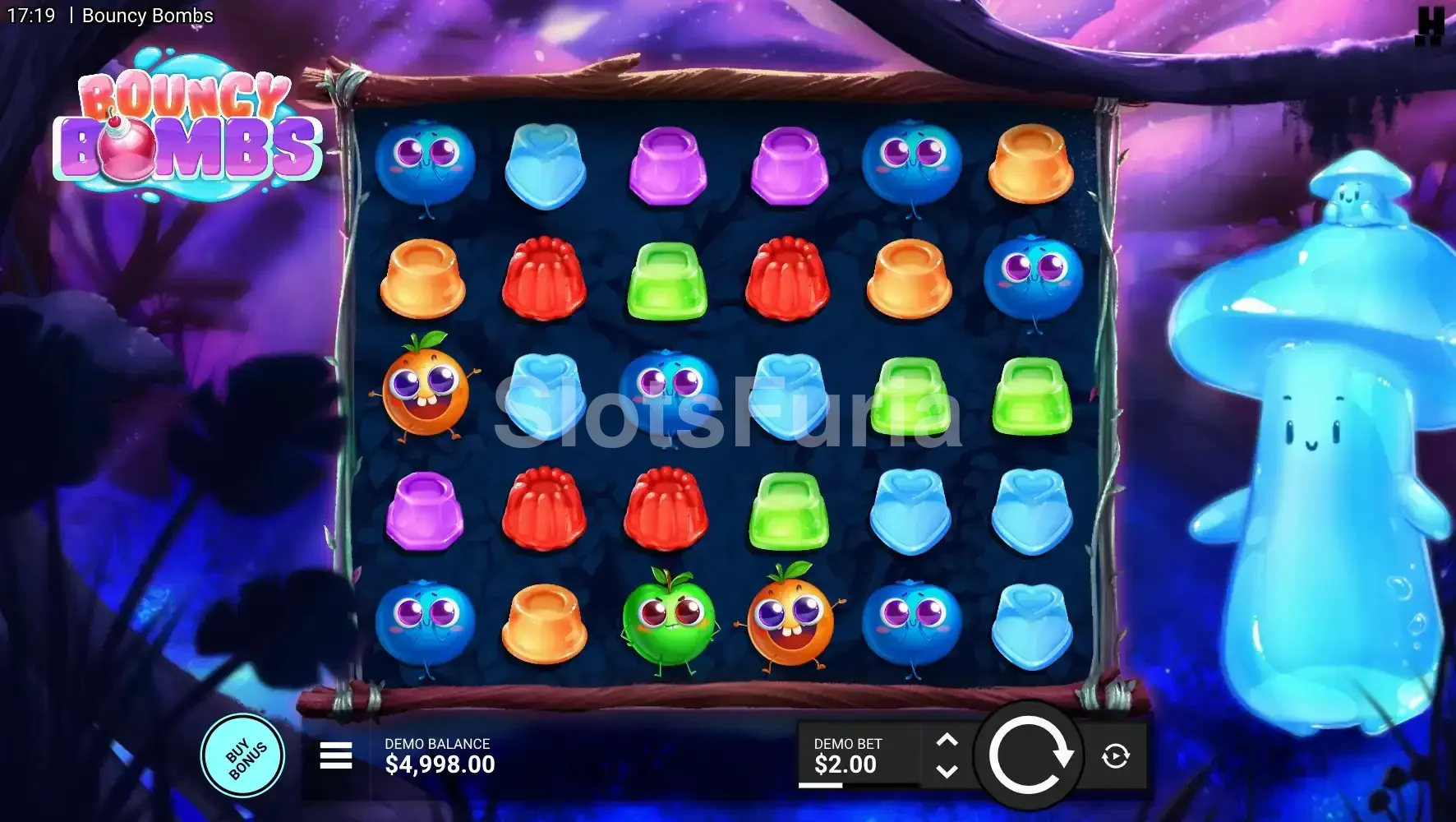 Pantalla principal del juego Bouncy Bombs con su colorido tablero de 6x5