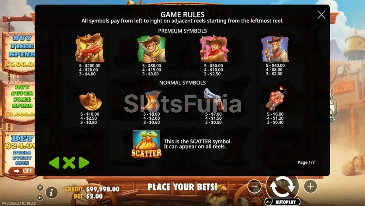 Tabla de pagos de Bounty Hunter con los símbolos altos y bajos