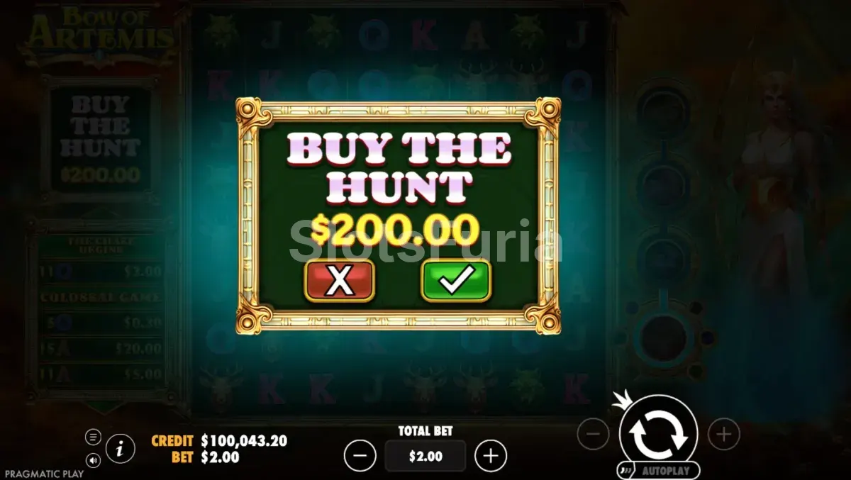 Pantalla de compra de bonus en Bow of Artemis de Pragmatic Play