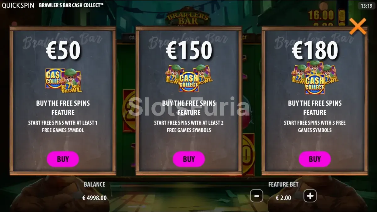 Pantalla de compra de bonificación en Brawler's Bar de Quickspin