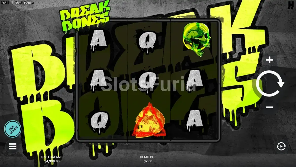 Pantalla principal del juego Break Bones con cuadrícula 3x3