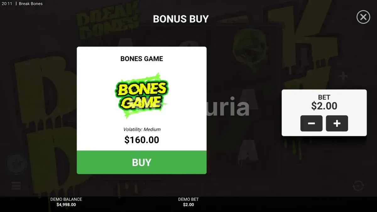Pantalla de compra de bonus en Break Bones de Hacksaw Gaming