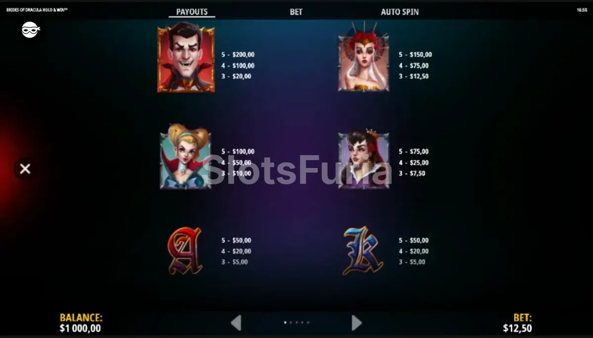 Tabla de pagos y símbolos de la slot Brides of Dracula Hold & Win