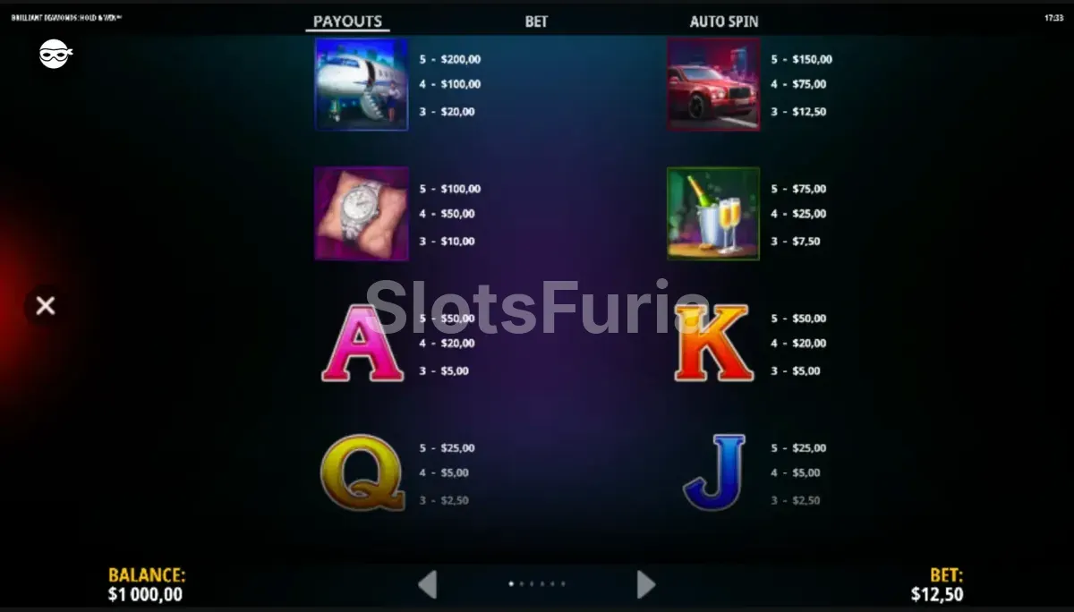 Tabla de pagos y símbolos de Brilliant Diamonds Hold & Win