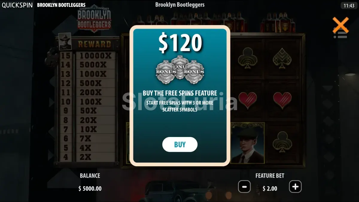 Pantalla de compra de bono en Brooklyn Bootleggers con el precio de 60x la apuesta