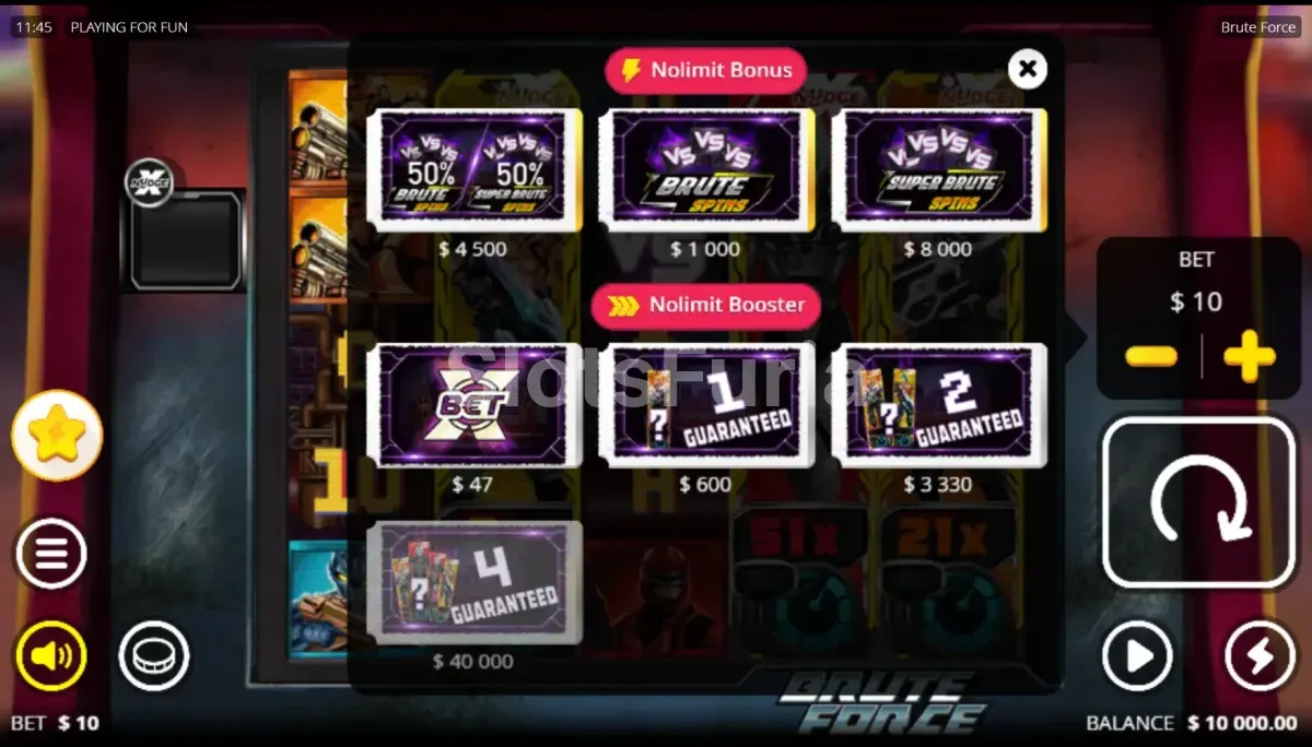 Menú de compra de bonus en Brute Force