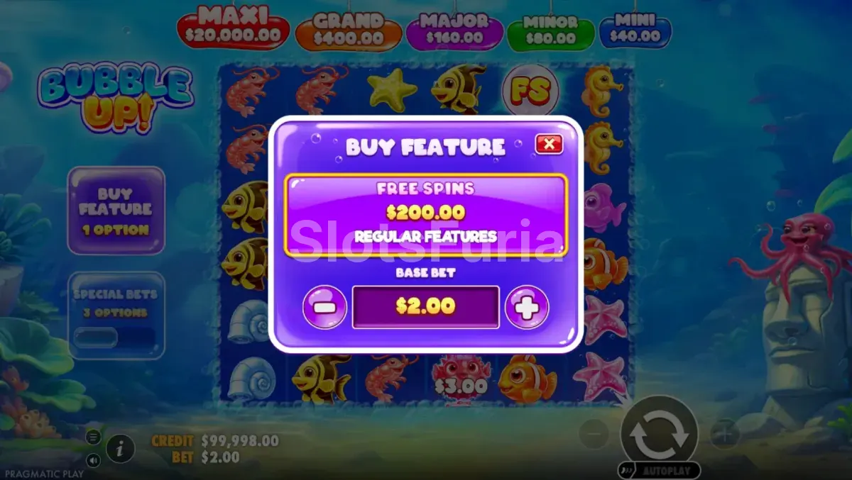 Pantalla de compra de bonos y apuestas especiales en Bubble Up!