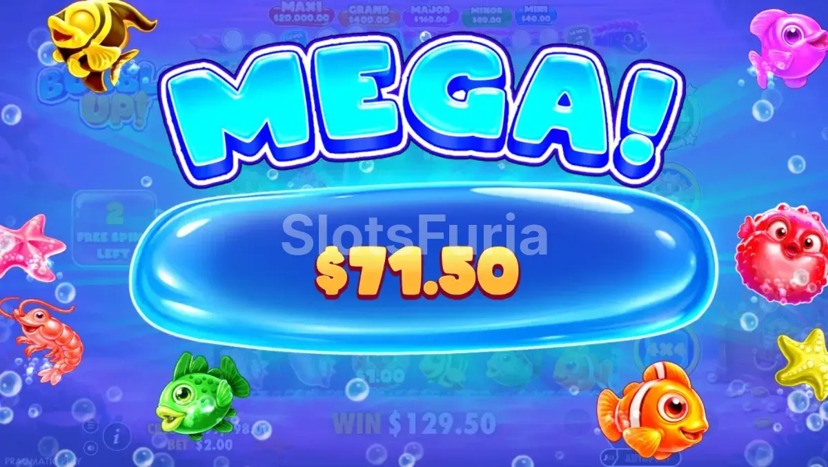 Gran victoria en Bubble Up! con símbolos de dinero dentro del marco