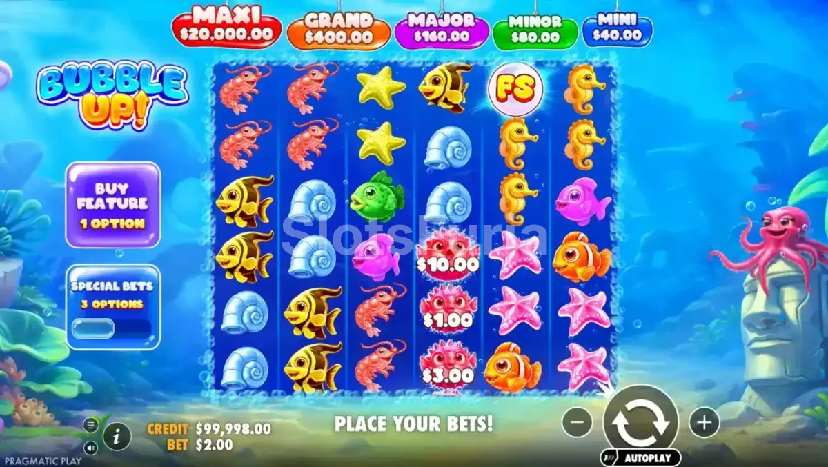 Pantalla principal del juego Bubble Up! con su tablero submarino de 6x6