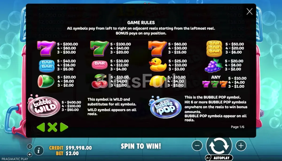 Tabla de pagos de Bubble Wild con la escalera de premios