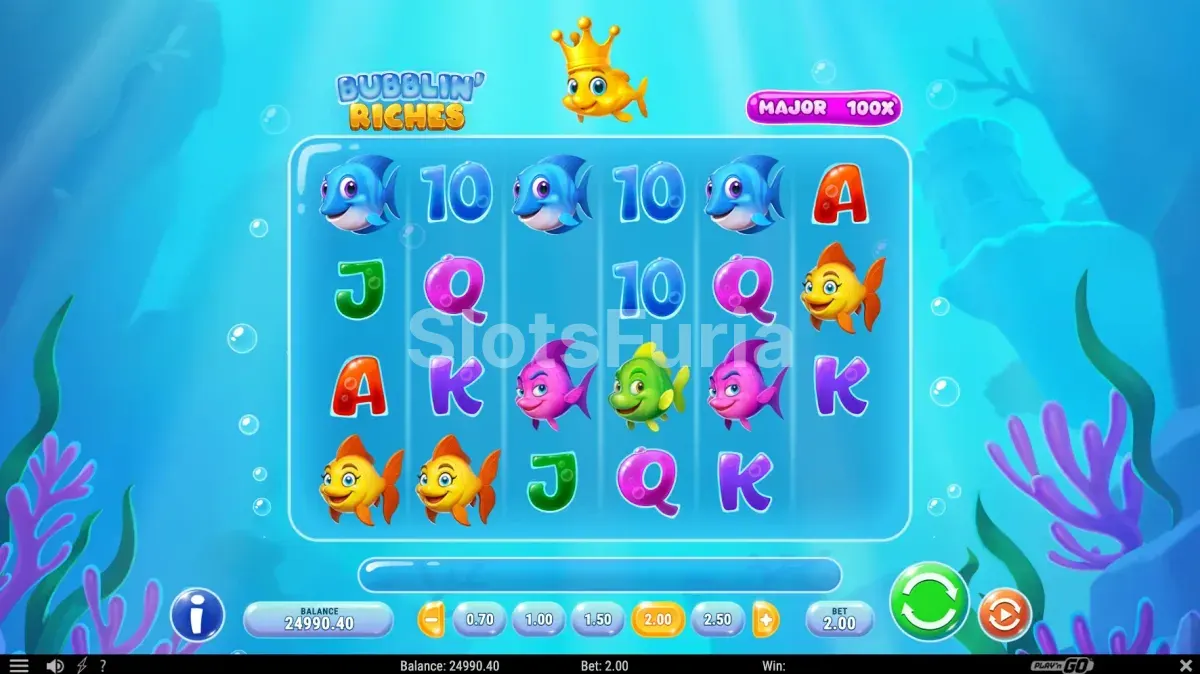 Pantalla principal de Bubblin' Riches con carretes y fondo submarino