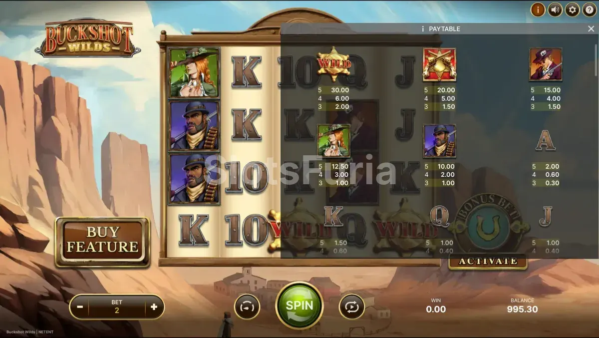 Tabla de pagos de Buckshot Wilds con símbolos y valores