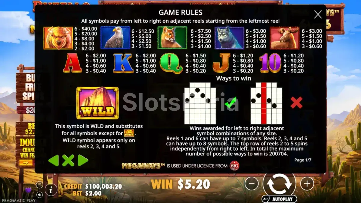 Tabla de pagos de Buffalo King Megaways con los valores de los símbolos