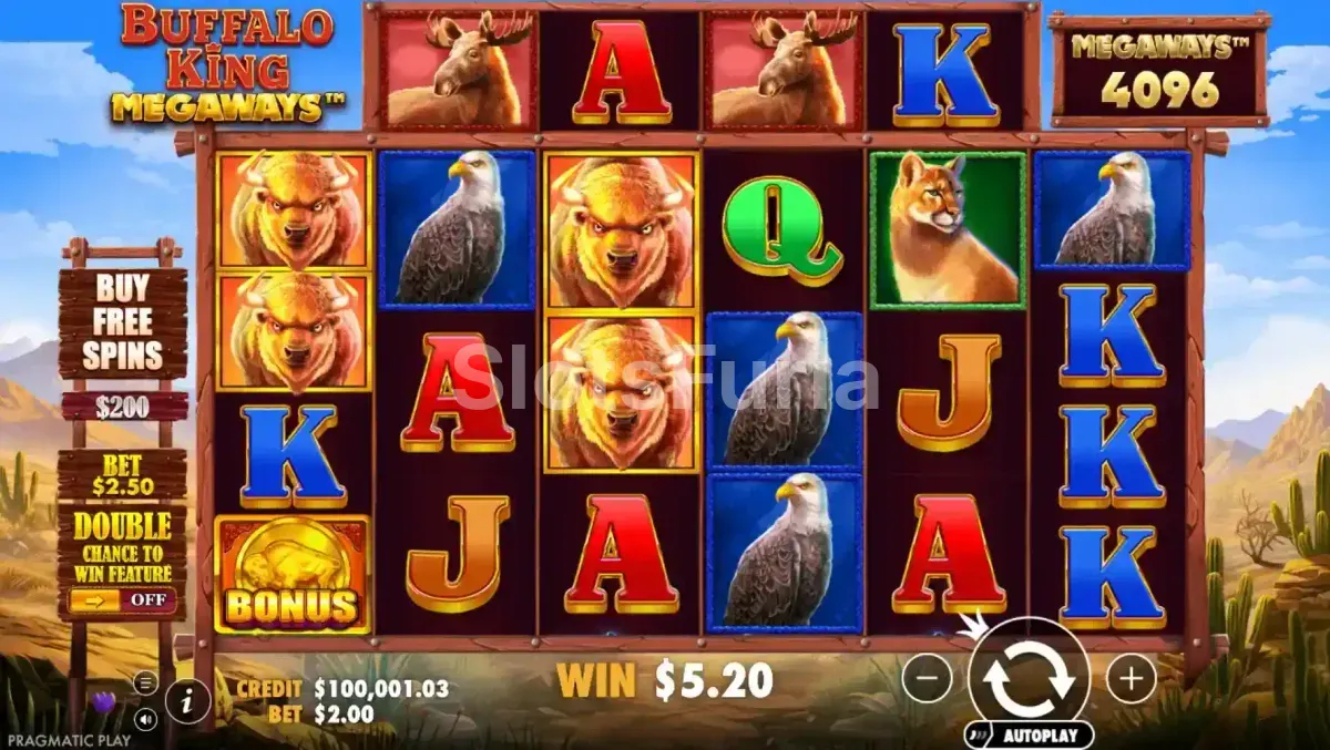 Juego base de Buffalo King Megaways con la grilla de 6 rodillos
