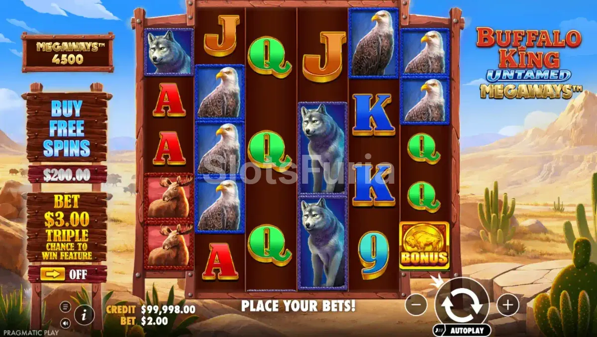 Pantalla principal de Buffalo King Untamed Megaways con la manada en los rodillos