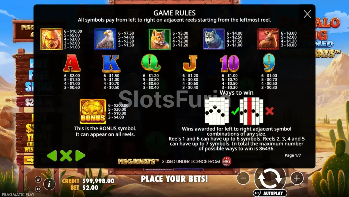Tabla de pagos completa de Buffalo King Untamed Megaways