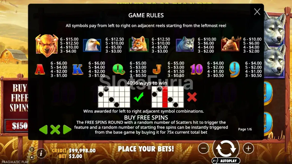 Tabla de pagos de Buffalo King con los símbolos de animales