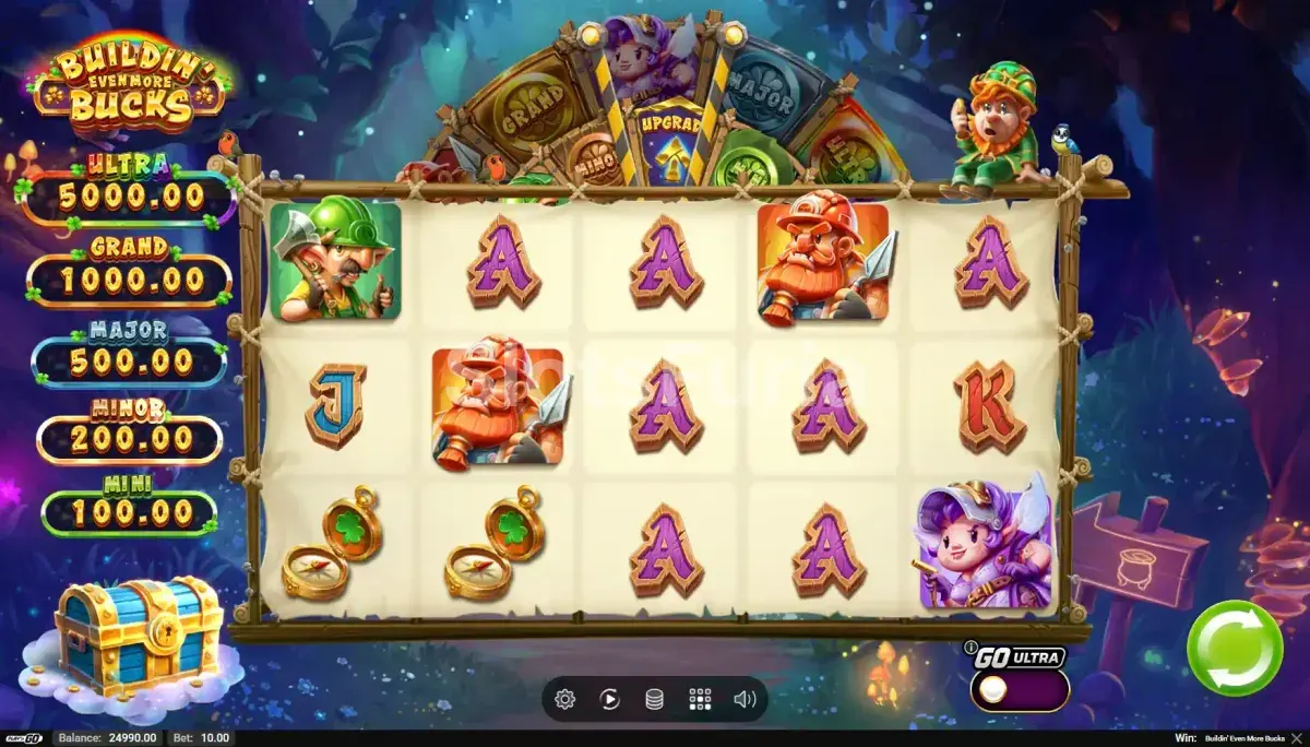 Pantalla principal del juego Buildin' Even More Bucks con los cinco carretes activos