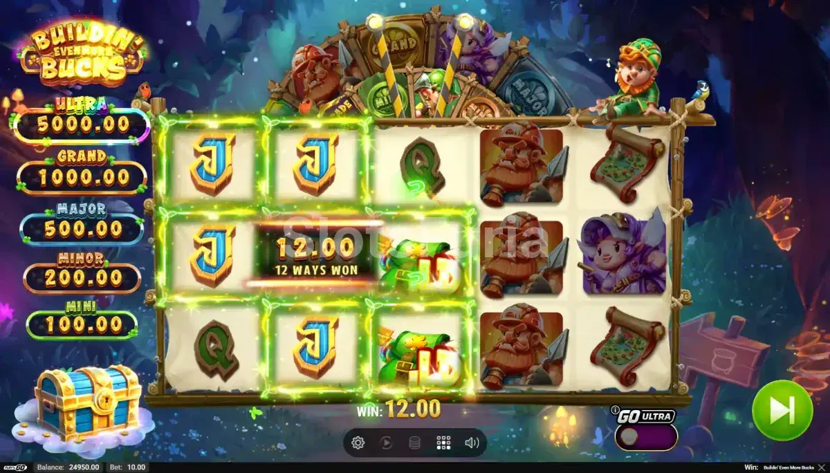 Resultado de giro con combinación ganadora en Buildin' Even More Bucks de Play'n GO