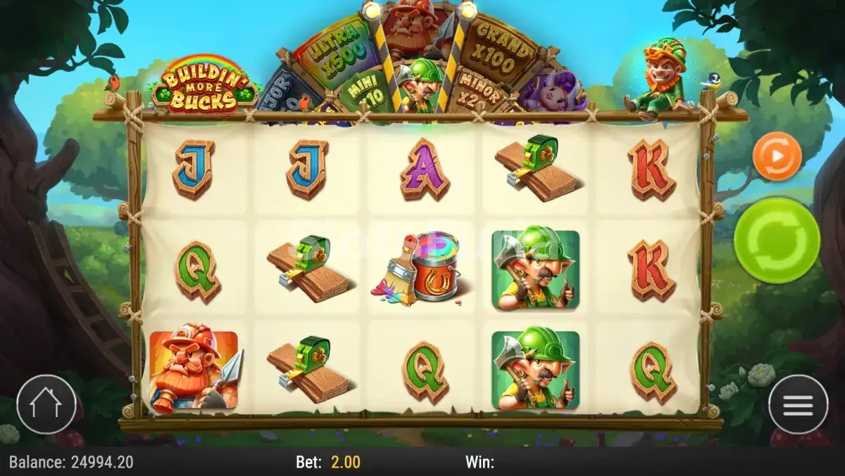 Segunda vista del juego base de Buildin' More Bucks mostrando combinaciones ganadoras