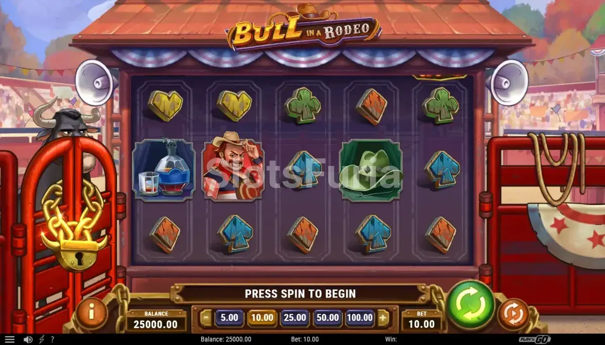 Pantalla principal de Bull in a Rodeo con la arena de rodeo y los rodillos de juego