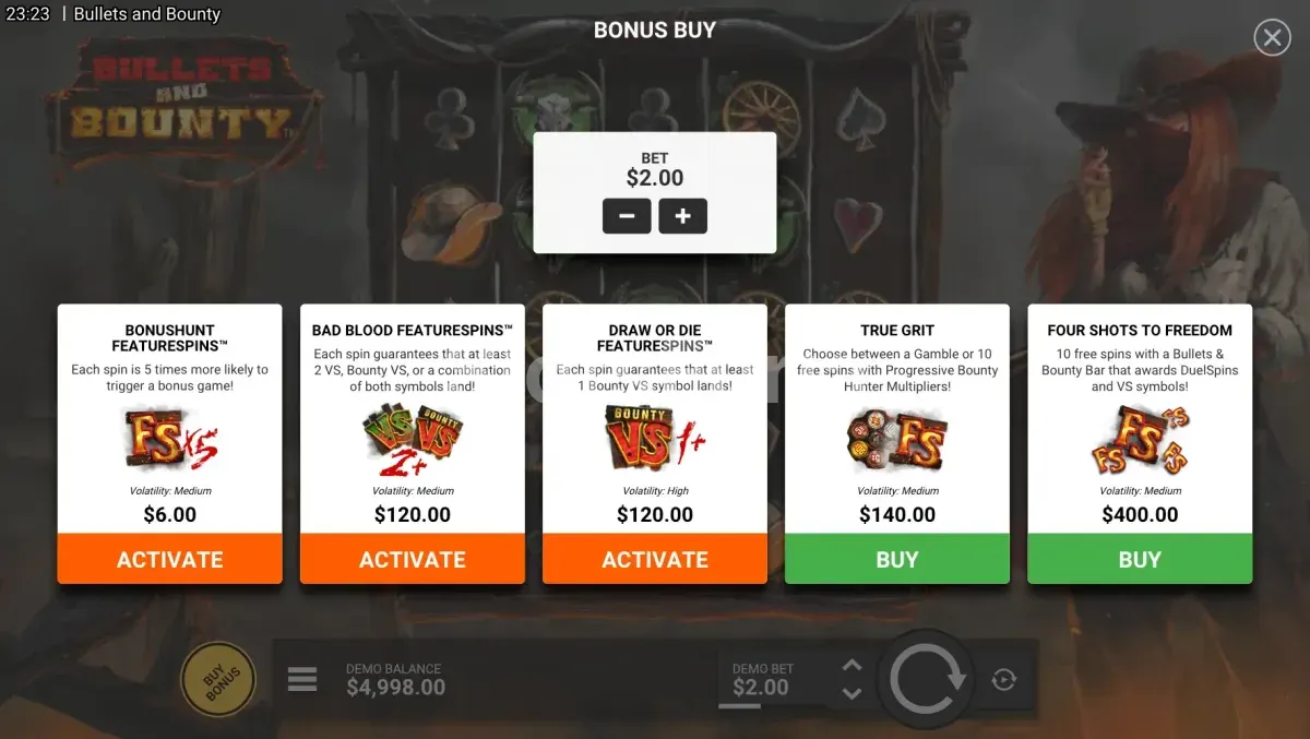 Menú de compra de bonos en Bullets and Bounty Hacksaw Gaming