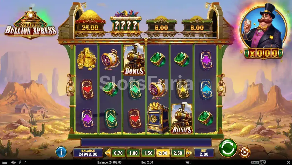 Ronda de bonus Bullion Xpress con vagones y multiplicadores en pantalla