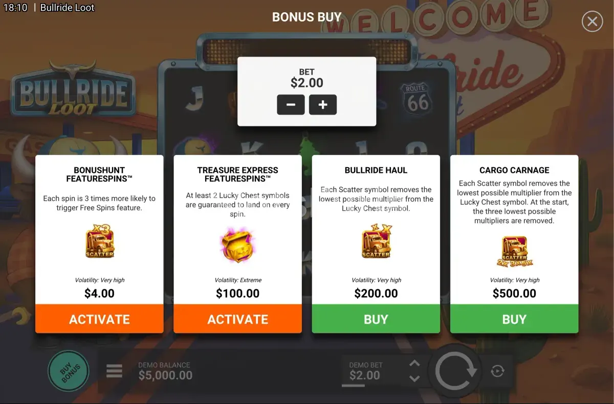 Pantalla de compra de bono en Bullride Loot