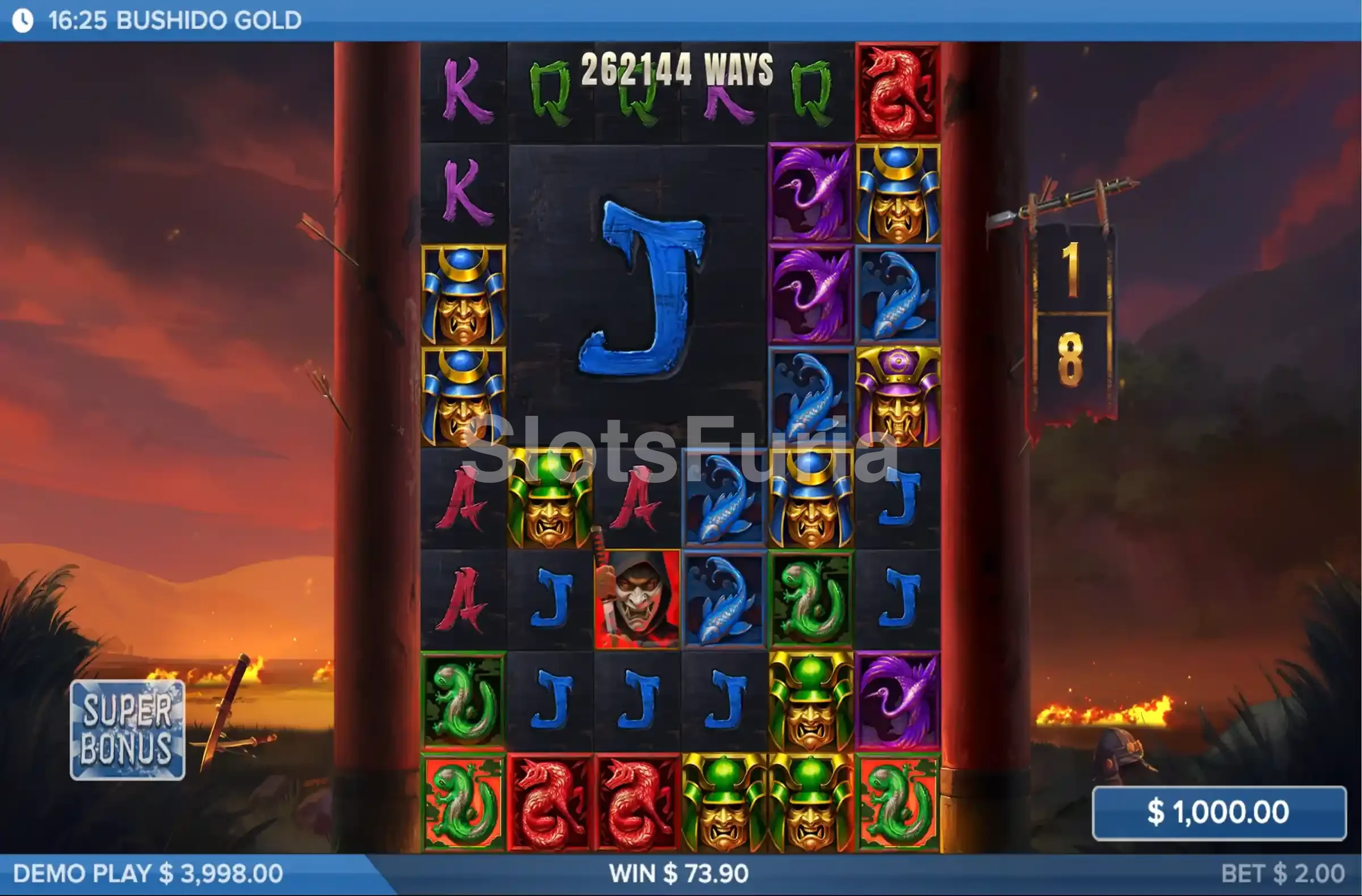 Pantalla de tiradas gratuitas activas en Bushido Gold