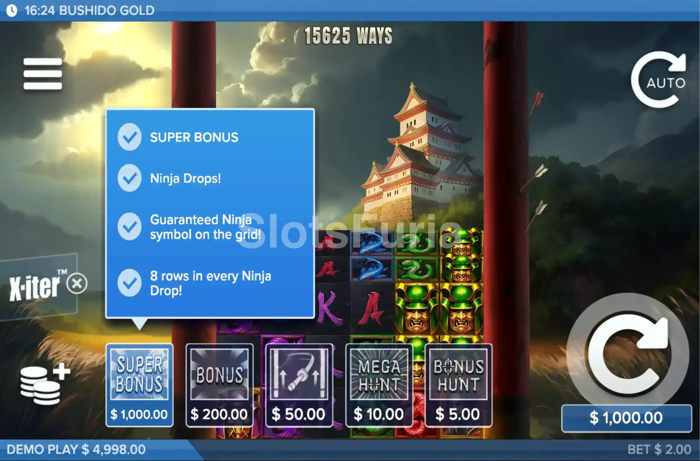 Interfaz de compra de bonos disponible en Bushido Gold