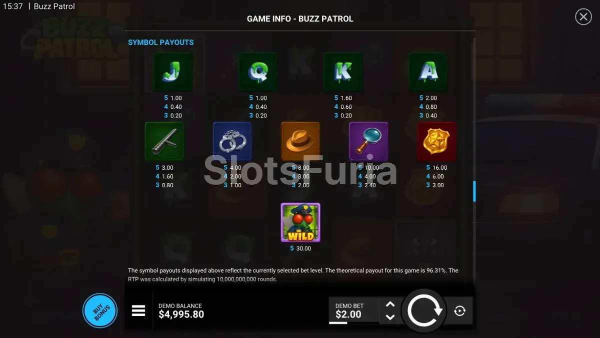 Tabla de pagos y símbolos de Buzz Patrol