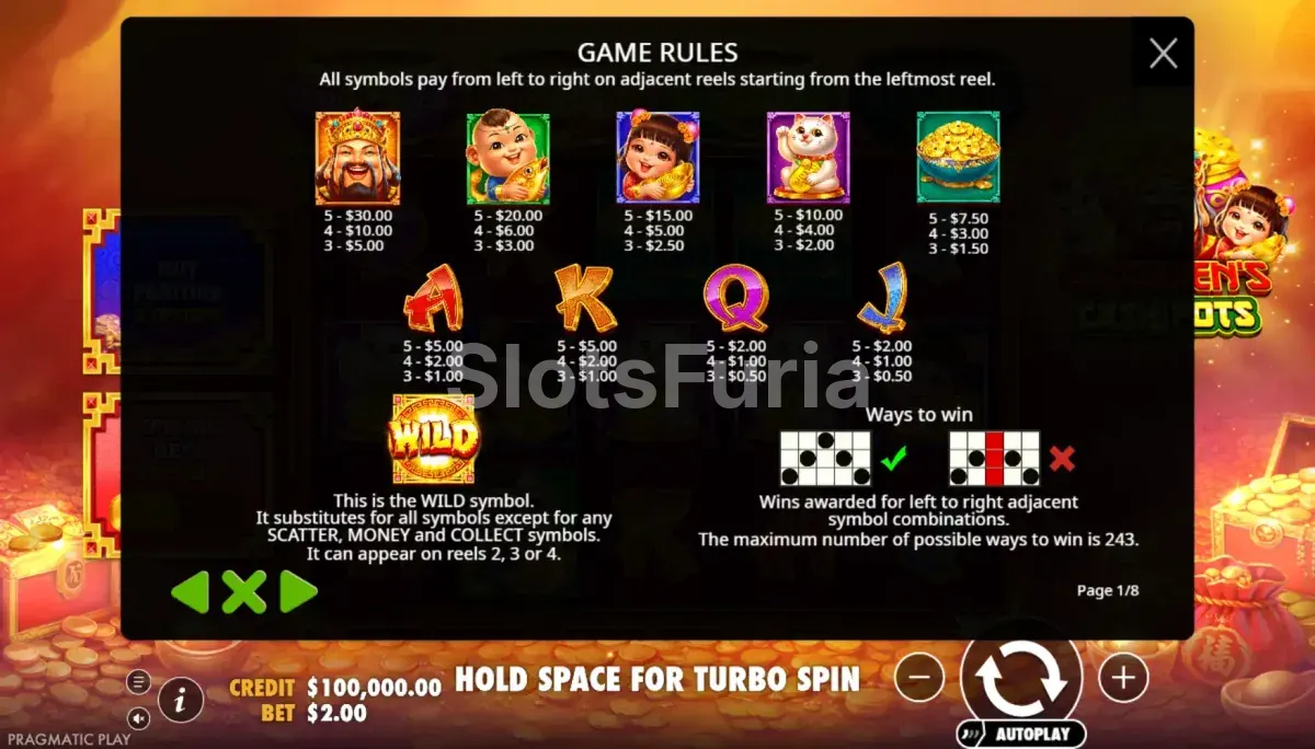 Tabla de pagos completa de Caishen's Cash Pots