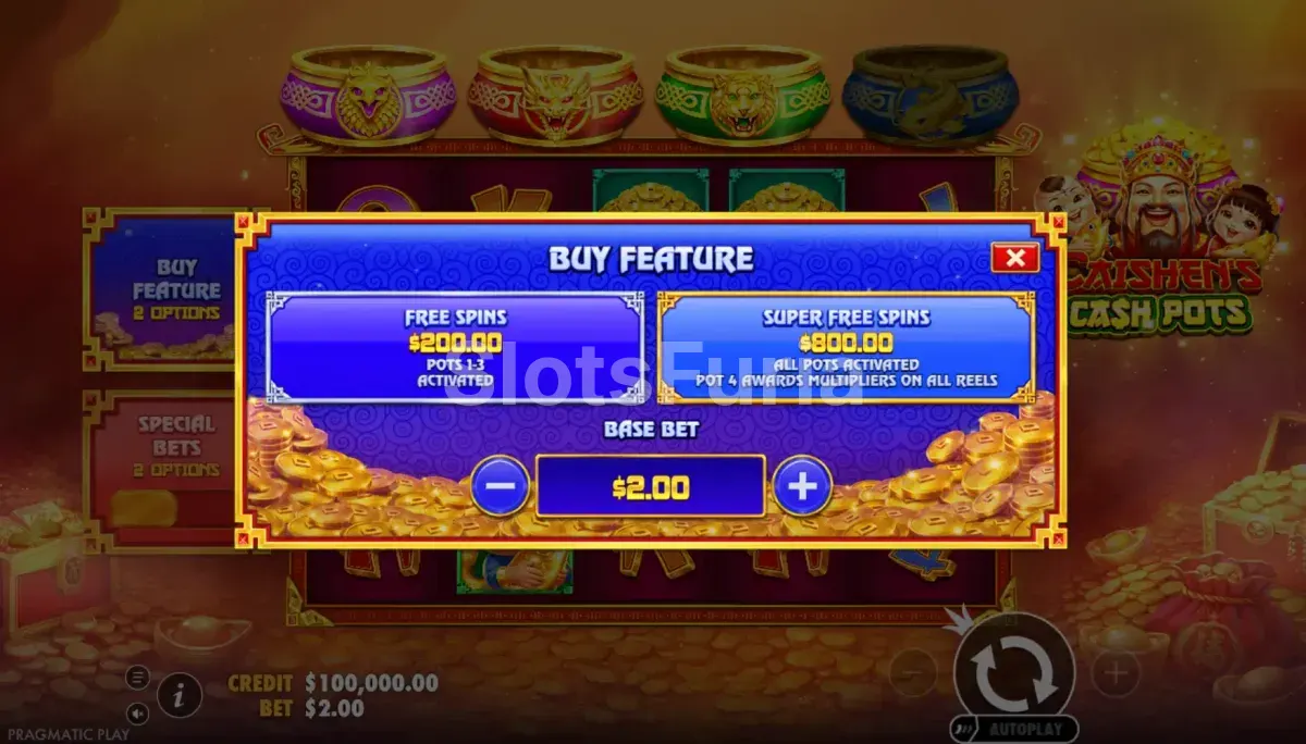 Menú de compra de bonus de Caishen's Cash Pots
