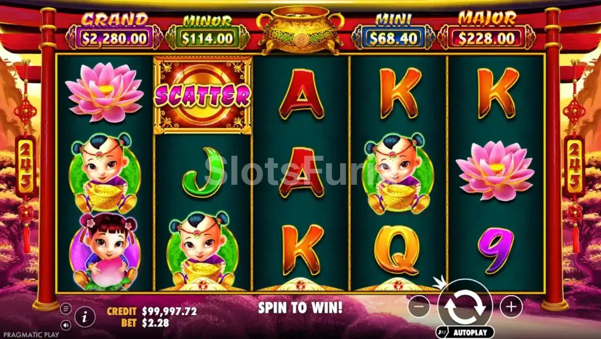 Pantalla principal del juego Caishen's Gold con sus cinco rodillos y temática oriental