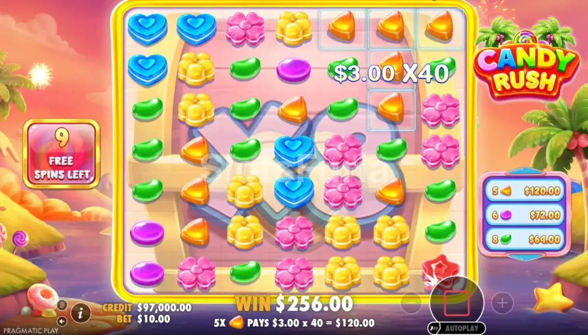 Función de giros gratis activa en Candy Rush