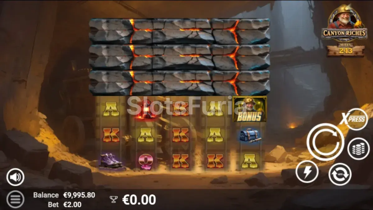 Pantalla principal del juego base de Canyon Riches con sus 5 carretes y 3 líneas