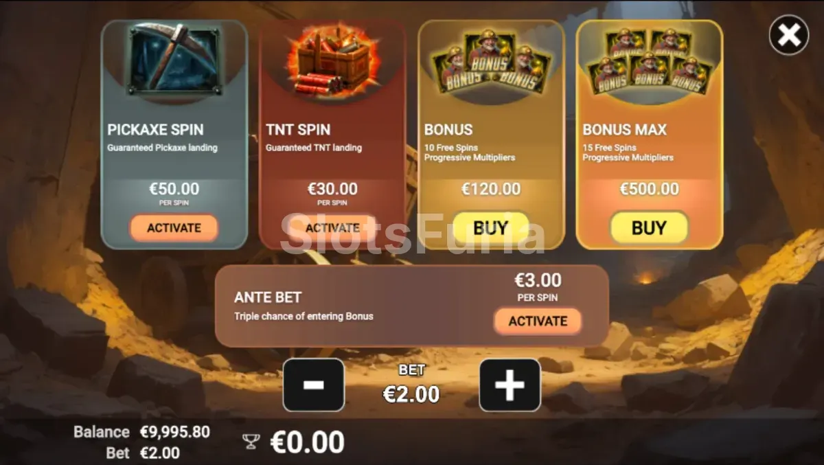 Menú de compra de bonus en Canyon Riches con las diferentes opciones disponibles