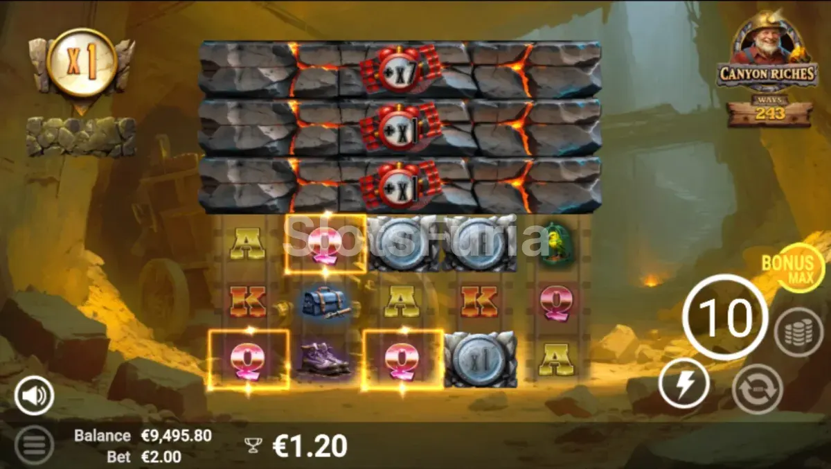 Ronda de giros gratis de Canyon Riches con multiplicadores activos en plena acción