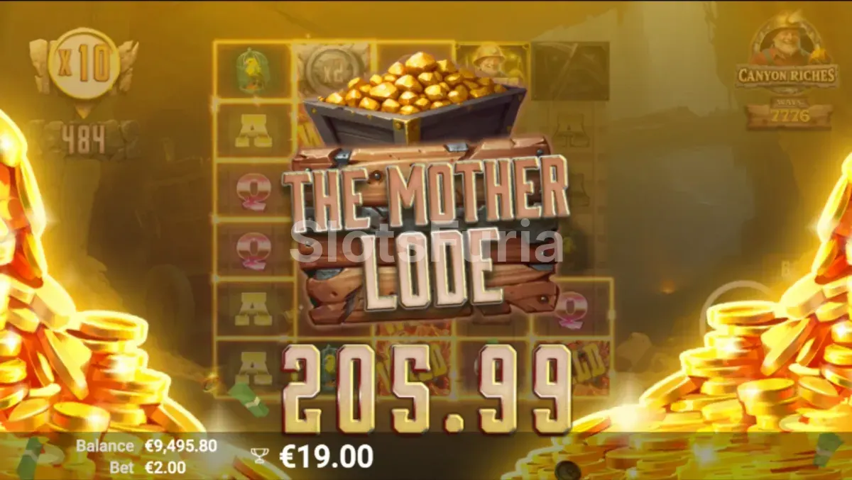Pantalla de gran victoria en Canyon Riches mostrando el multiplicador máximo en acción