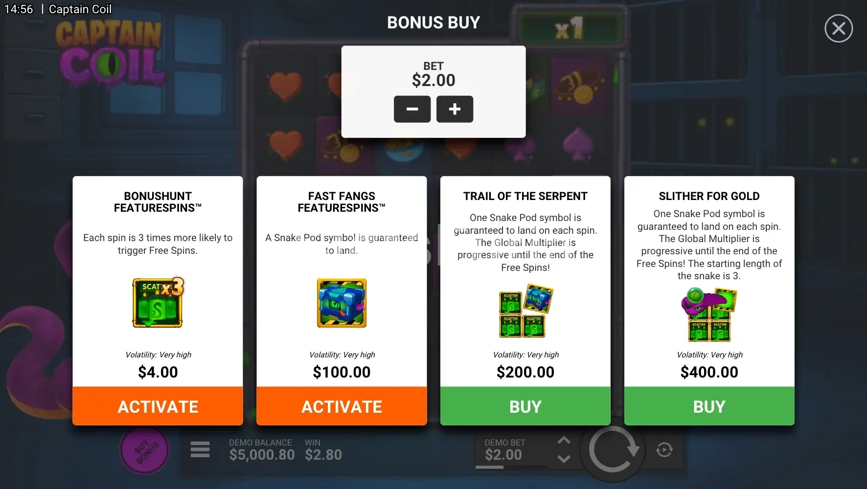 Menú de compra de bonos en Captain Coil de Hacksaw Gaming