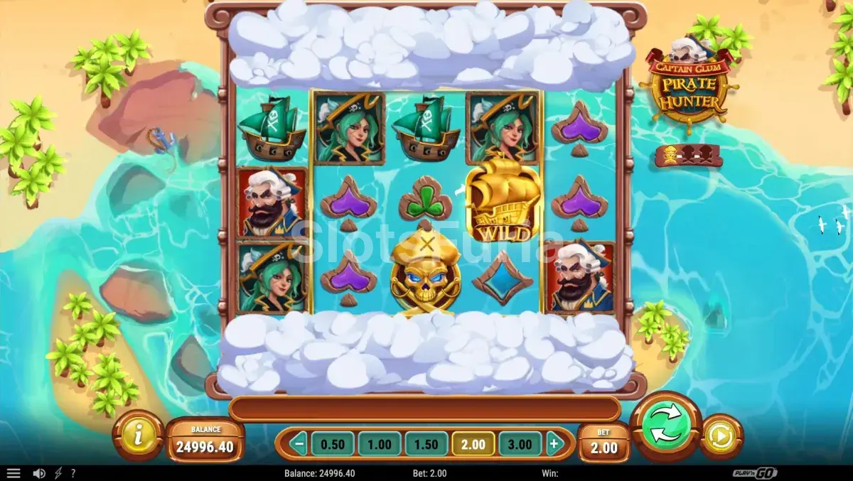 Pantalla principal de Captain Glum Pirate Hunter con vista aérea del tablero de juego