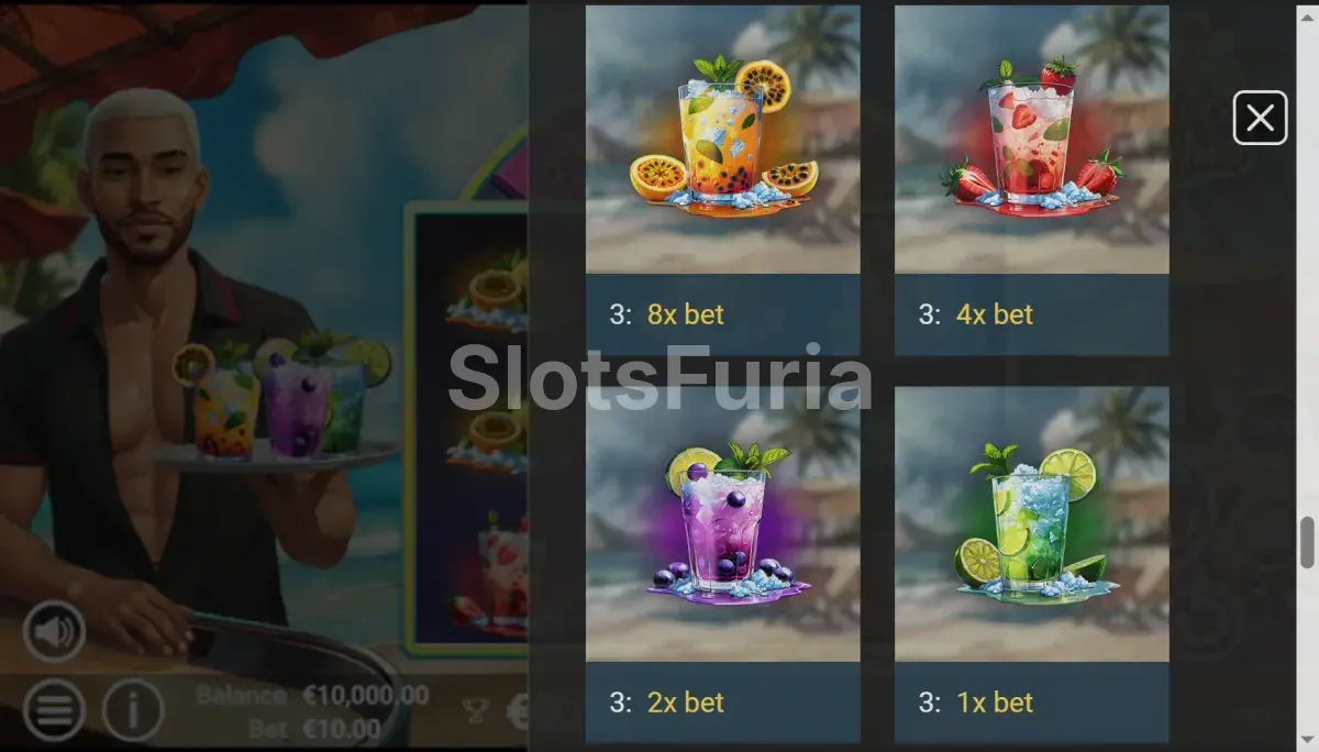 Tabla de pagos de Carioca Vibes mostrando símbolos y multiplicadores