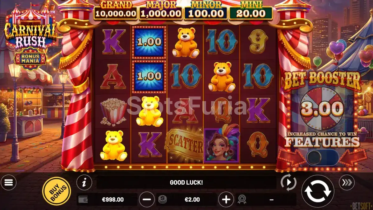 Pantalla principal del juego Carnival Rush con sus 5 rodillos y ambientación de feria