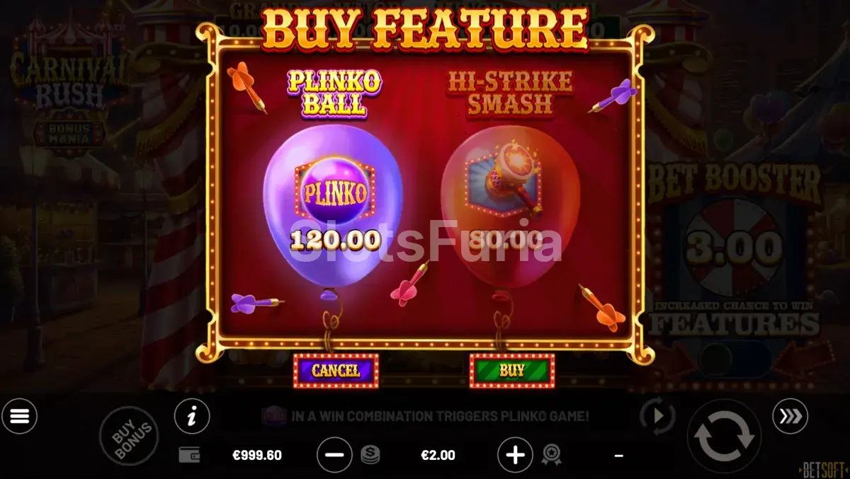 Función de compra de bonus en Carnival Rush con las distintas opciones disponibles