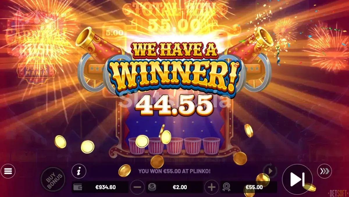 Gran victoria en Carnival Rush mostrando el potencial máximo del juego