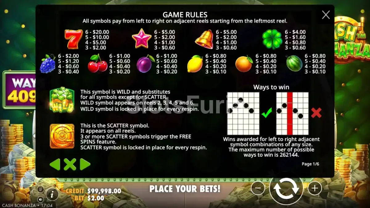 Tabla de pagos completa de Cash Bonanza con todos los símbolos
