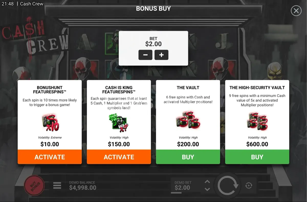 Pantalla de compra de bonus de Cash Crew con las distintas opciones disponibles